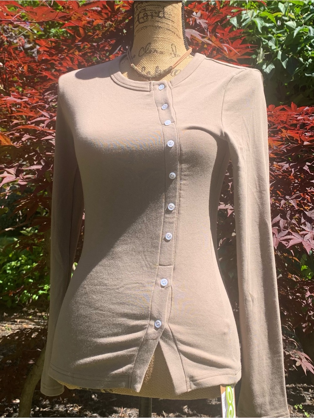 OGL ladies NWT sand/taupe color viscose blend asymmetrical 9 button tunic